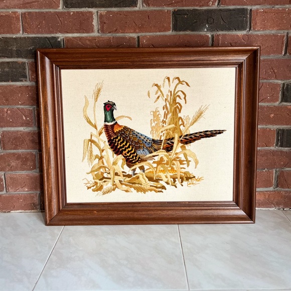 Vintage Other - Vintage 1977 Sunset Stitchery  PHEASANT Completed Crewel Embroidery Wood Framed